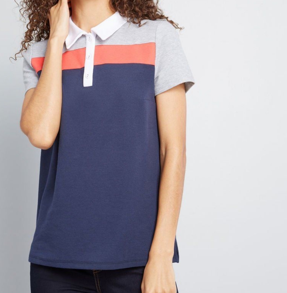 Modcloth Welcome the weekend polo top Women's polo top blue pink gray polo top